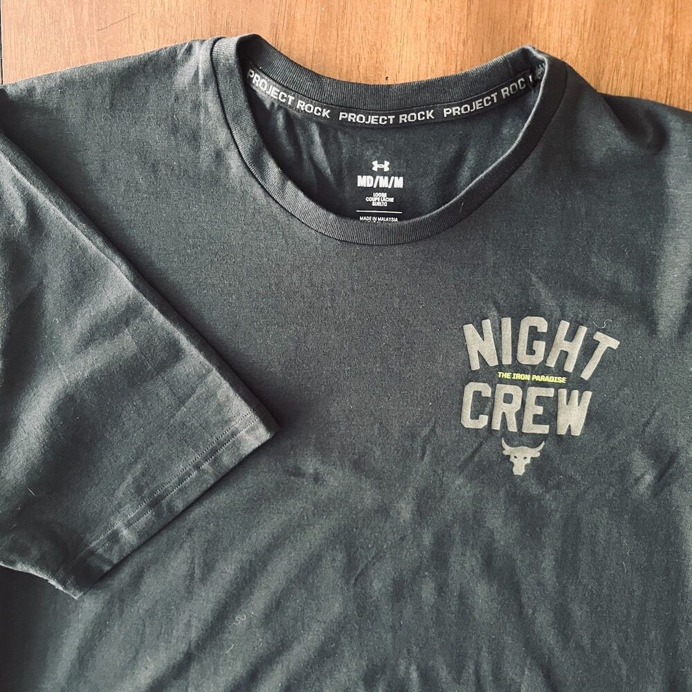 Under Armour Project Rock Night Crew Graphic Print Black T-Shirt Men's Medium - Picture 2 of 10